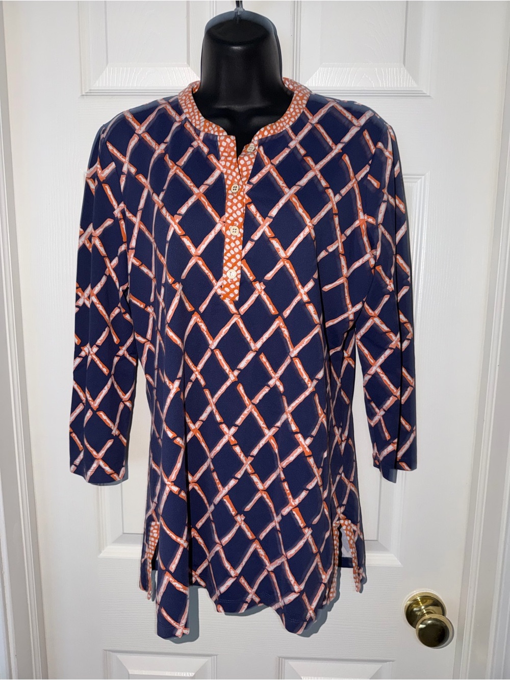 J. McLaughlin Women’s Catalina Cloth Vibrant Navy Orange Bamboo Lattice Tunic